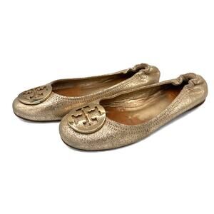 Tory Burch Minnie Travel Metallic Gold Sz 7 Shimmer Medallion Flats w/ COA